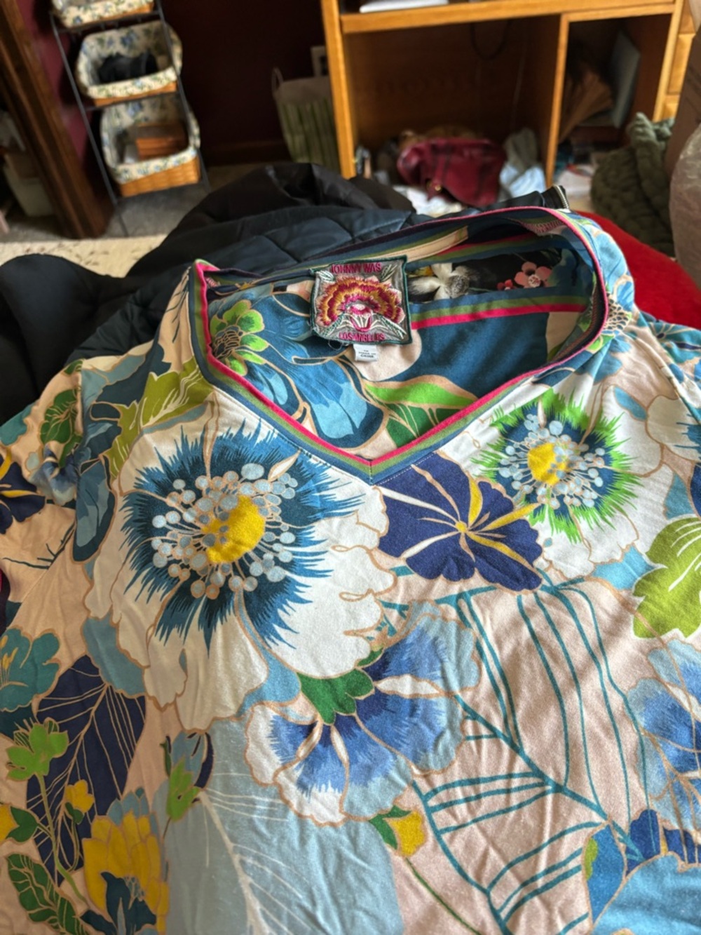Johnny Was Multicolor Floral V-Neck Top in Blue, Green & Pink